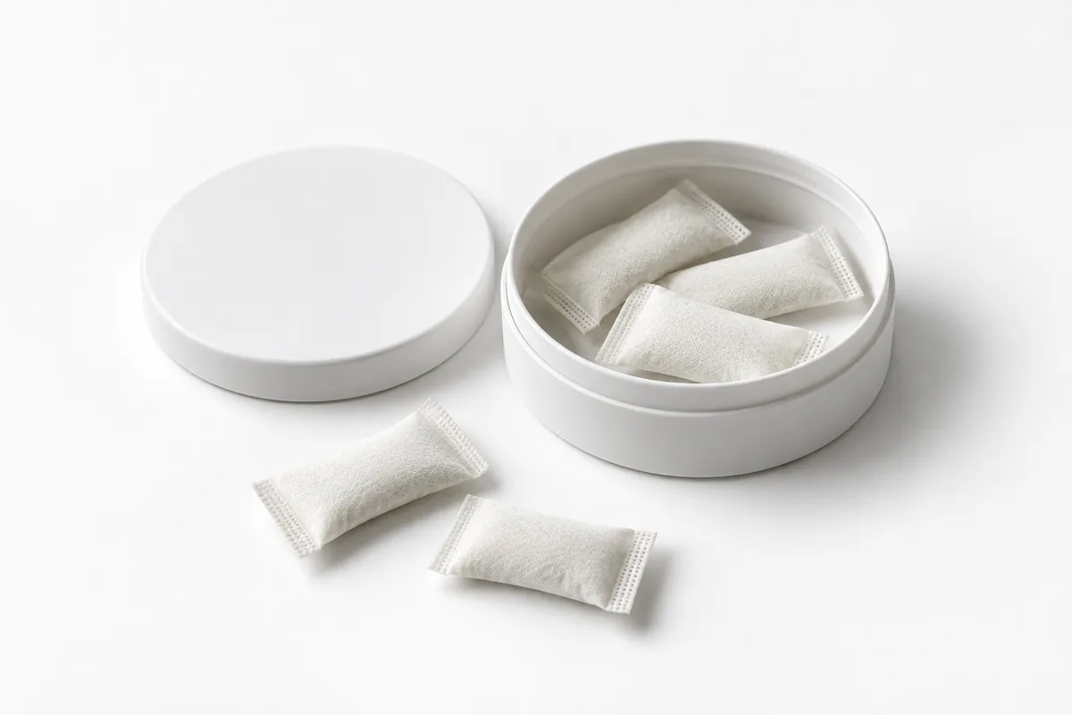 Small white oral-pouch sachets inside and beside an open round canister.